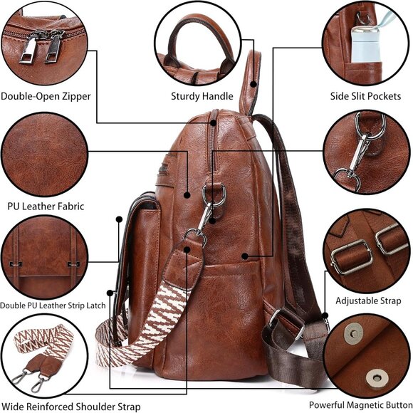 PU Leather Backpack Purse Women Medium Size Convertible Shoulder Bag - Picture 5 of 6